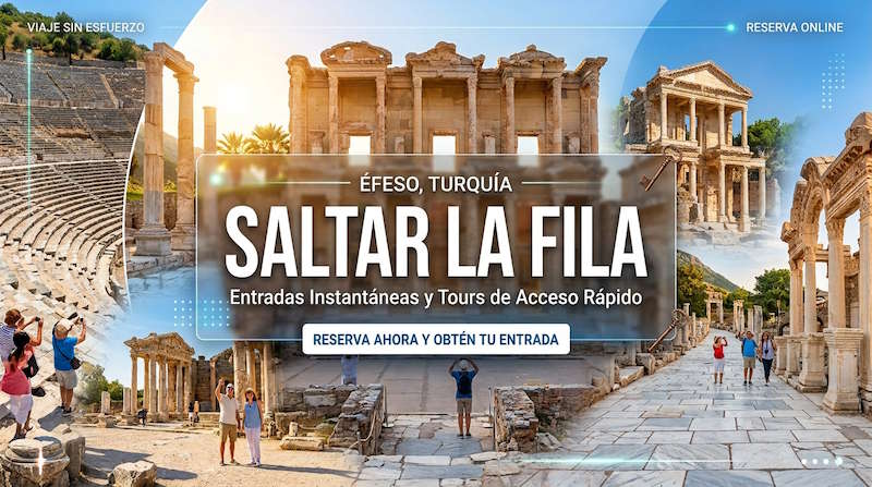 Saltar la fila en Éfeso, Turquía: entradas instantáneas y acceso rápido al yacimiento, con la Biblioteca de Celso y el Gran Teatro al fondo.