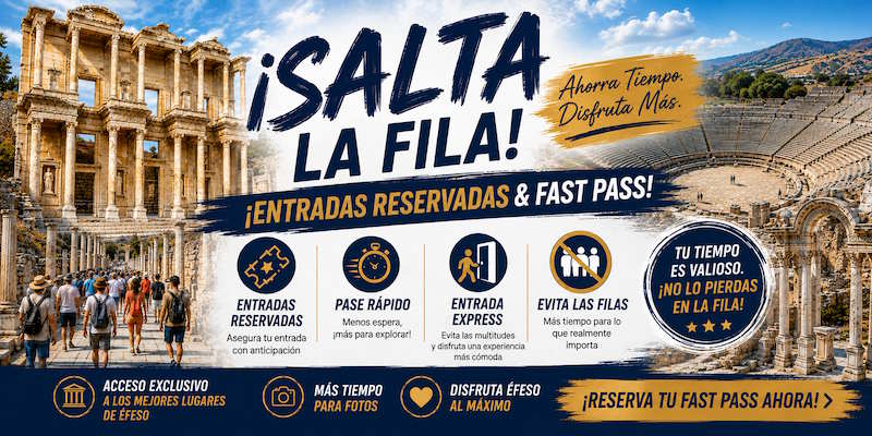 Entradas de Éfeso con fast pass: salta la fila de la taquilla con entradas reservadas, pase rápido y entrada exprés, sin esperas en la puerta del yacimiento.
